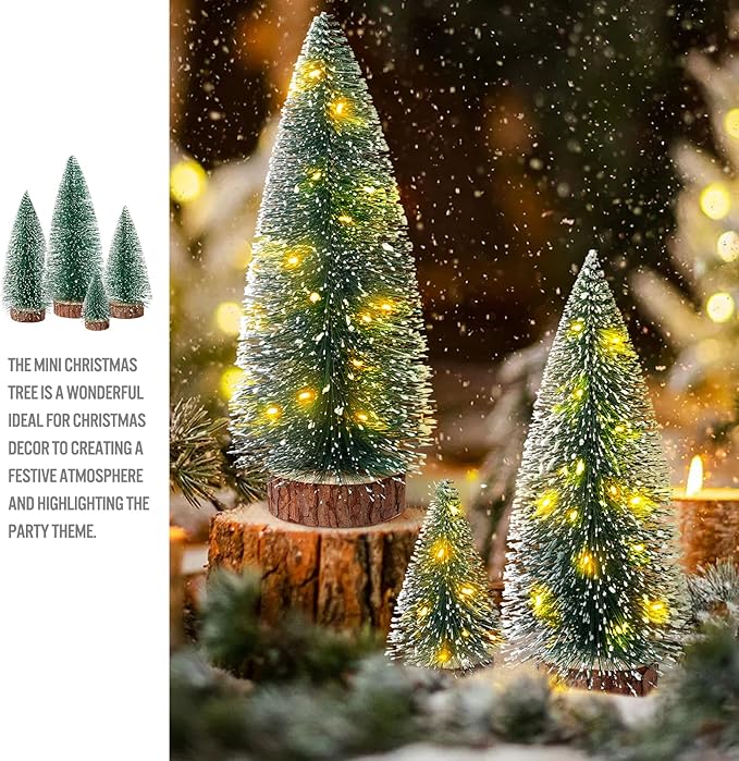 4PCS Mini Christmas Tree with Lights, Bottle Brush Trees, Christmas Table Decorations, Small Christmas Village Trees for Xmas Holiday Party Home Craft (Lighted)