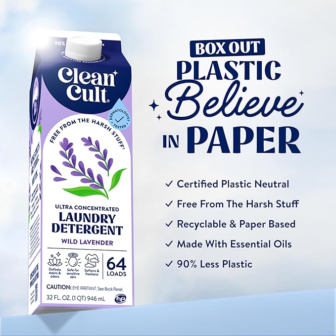 Ultra Concentrated Liquid Laundry Detergent Soap, 64 loads (32 oz), Long Lasting Scent, 90% Less Plastic, No Harsh Chemicals, Wild Lavender, Defeats Stains & Odors, HE/Standard Compatible