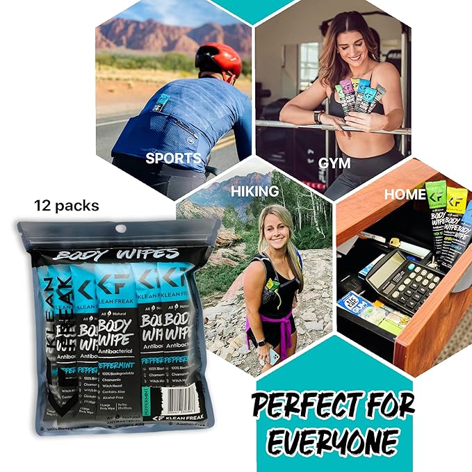 Body 12-Count Wipes - Original Disposable Wipes, Individually Wrapped for the Gym, Workout, Hiking, Travel, and Sport (Peppermint)