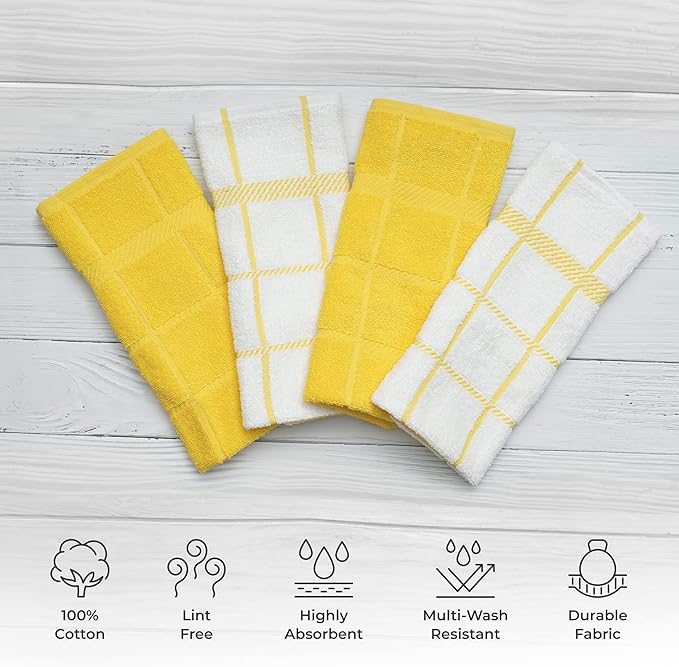 100% Cotton Terry Dish Towels, 4 pack16 x26 Inches, Super Soft and Absorbent Kitchen Towels, Perfect for Kitchen Cleaning and Dish Washing | Yellow