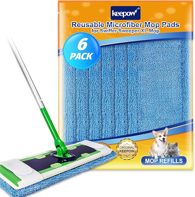 KEEPOW XL Dry Sweeping Cloths for Swiffer Sweeper X-Large Mop, XL Wet Pads Refills, Reusable Mopping Pads, Washable Microfiber Pads for Surface/Hardwood Floor Cleaning (6 Pack)