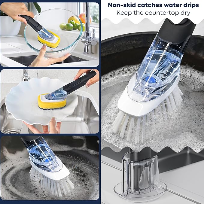 RIMAY Dish Brush with Soap Dispenser Storage Set with 2 PCS Brush Refills & Holder, Dish Scrubber with Soap Dispenser, Dish Soap Brush, Dish Wand with Soap Dispenser for Dishes, Pans, Sink, Pots