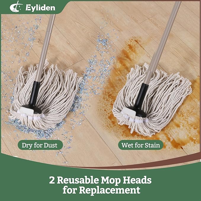 Eyliden String Mop with 2 Reusable Mop Heads, Non-Touch Replacement, Adjustable Cotton Mops for Floor Cleaning, No-Scratch Absorbent Classic Mop for Tile Concrete Wood Floor Kitchen Bathroom