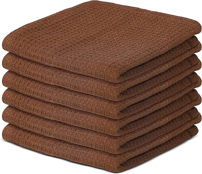 100% Cotton Waffle Dish Cloths (Pack of 6) - Dish Rags for Washing Dishes - Reusable & Highly Absorbent Kitchen Towels - Multipurpose Kitchen Rags - (12" x 12" - Brown)