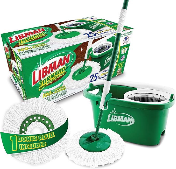Libman Tornado Spin Mop System - Mop and Bucket with Wringer Set for Floor Cleaning - 2 Total Mop Heads Included, Green
