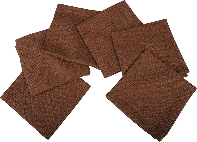 100% Cotton Waffle Dish Cloths (Pack of 6) - Dish Rags for Washing Dishes - Reusable & Highly Absorbent Kitchen Towels - Multipurpose Kitchen Rags - (12" x 12" - Brown)