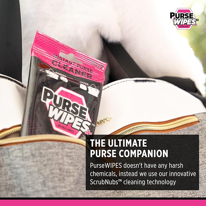 SneakERASERS: PurseWIPES Purse Cleaner Wipes - Portable Leather Wipes for Bags, Purses, and Backpacks, Dirt and Scuff Remover with Innovative ScrubNubs, Perfect for Quick Cleaning, 4-Pack