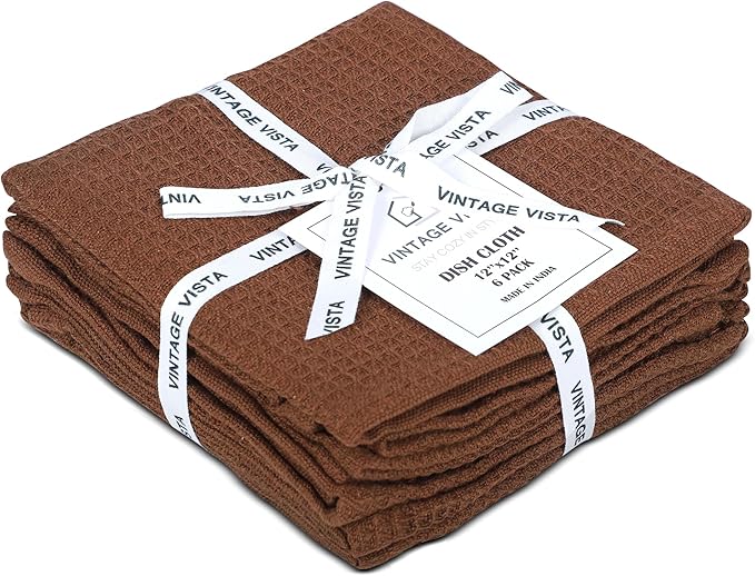 100% Cotton Waffle Dish Cloths (Pack of 6) - Dish Rags for Washing Dishes - Reusable & Highly Absorbent Kitchen Towels - Multipurpose Kitchen Rags - (12" x 12" - Brown)