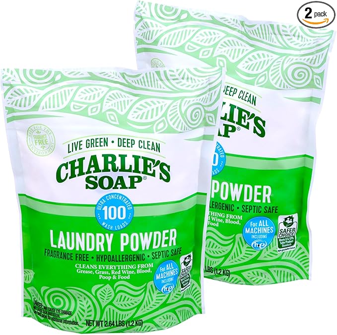 Charlie's Soap Laundry Powder (100 Loads, 2 Pack) Hypoallergenic Deep Cleaning Washing Detergent – Eco-Friendly, Safe, and Effective