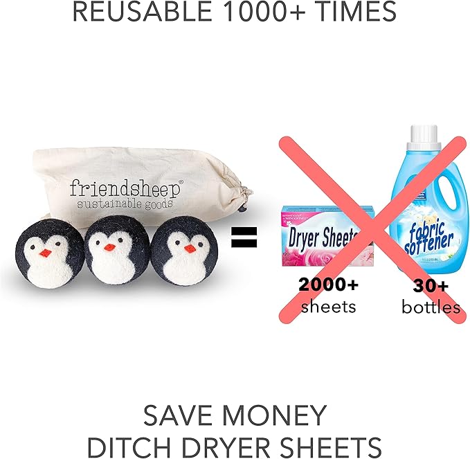 Wool Dryer Balls by Friendsheep 3 Pack XL Organic Premium Reusable Cruelty Free Handmade Fair Trade No Lint Fabric Softener Penguin Trio
