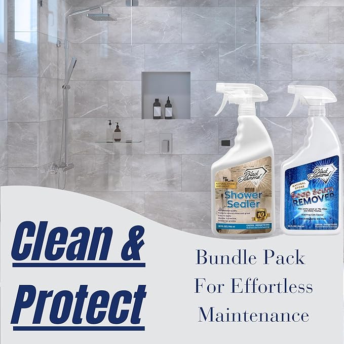 Black Diamond Stoneworks Natural Stone Shower Soap Scum Remover Spray. For Cleaning Bathtubs, Glass Doors, Tubs, Travertine, Marble, Tile. Heavy Duty, Safe Acid-Free Cleaner. Safe for fixtures.