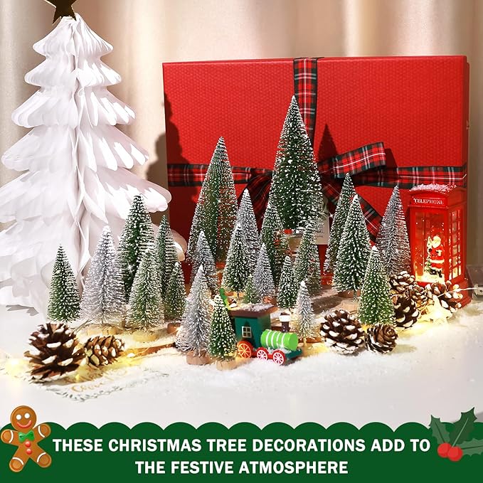 Set of 35PCS Mini Christmas Tree, Christmas Pine Cones, 2oz Fake Snow Powder, Mixed Christmas Decoration, Xmas Village Displays Winter DIY Crafts (Classic Green)