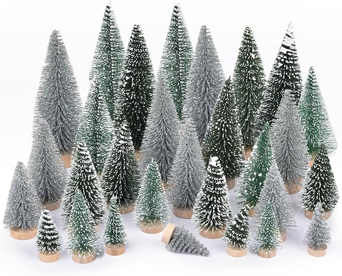 DearHouse 30PCS Artificial Mini Christmas Trees, Mini Pine Tree Sisal Trees with Wood Base Bottle Brush Trees for Christmas Table Top Decor Winter Crafts Ornaments (Silver, 30)