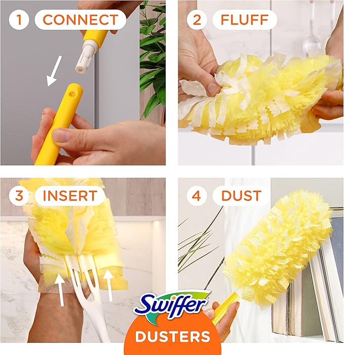 Swiffer Duster Heavy Duty Dusting Kit, Cleaning Supplies, 3 ft Extended Handle, 1 Duster, 12 Refills