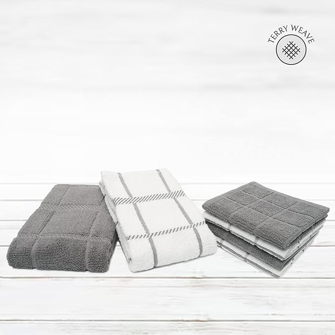 100% Cotton Kitchen Towels and dishcloths Sets, Super Soft & Absorbent, Dish Cloths for Washing Dishes, Dish Towel for Kitchen, 2 Grey Dish Towels and 4 Grey Dish Cloths