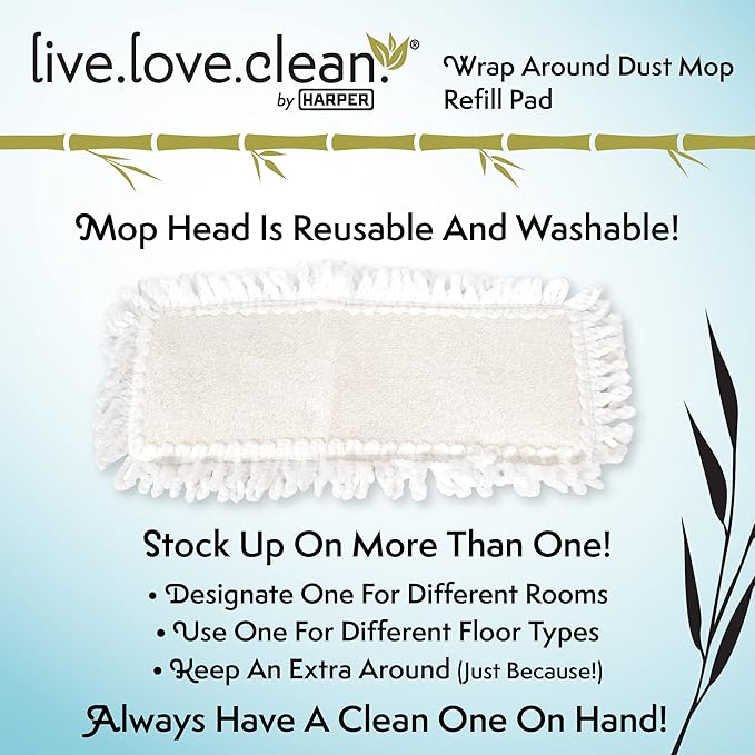 Harper Live.Love.Clean. Washable 2-in-1 Wet/Dry Bamboo Dust Mop Pad with Wraparound Attachment for Cleaning Dust, Pet Hair & Fine Dry Dirt