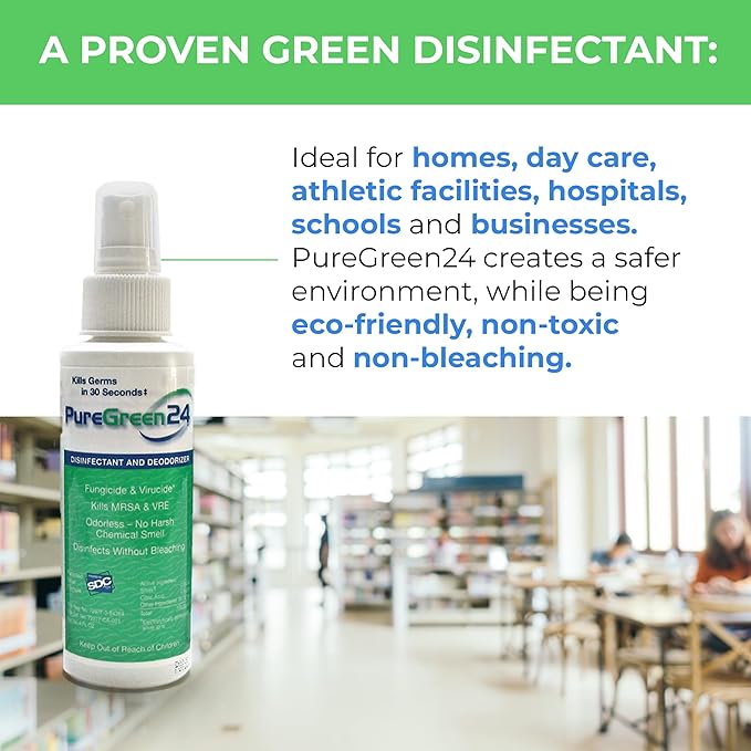 PureGreen24 Safe & Effective Disinfectant. Kills Deadly Germs including RSV COVID-19 Norovirus MRSA Staph 2025 flu Bird flu Contains no toxic chemicals odorless child & pet safe 2 32oz spray bottles