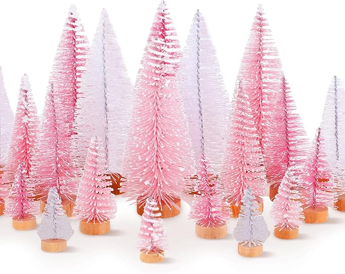 Leyndo 24 Pcs Pink Artificial Mini Christmas Tree Xmas Sisal Bottle Brush Trees with Wood Base Christmas Decor for Xmas Party Table Top Winter Ornaments Home Kitchen Crafts