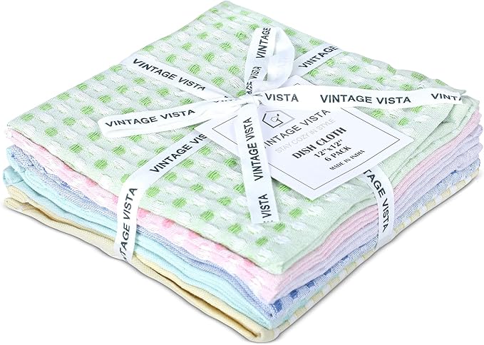 100% Cotton Dish Cloths (Pack of 6) - Dish Rags for Washing Dishes - Reusable & Highly Absorbent Kitchen Towels - Multipurpose Kitchen Rags - (12" x 12" - Multicolor Honeycomb)