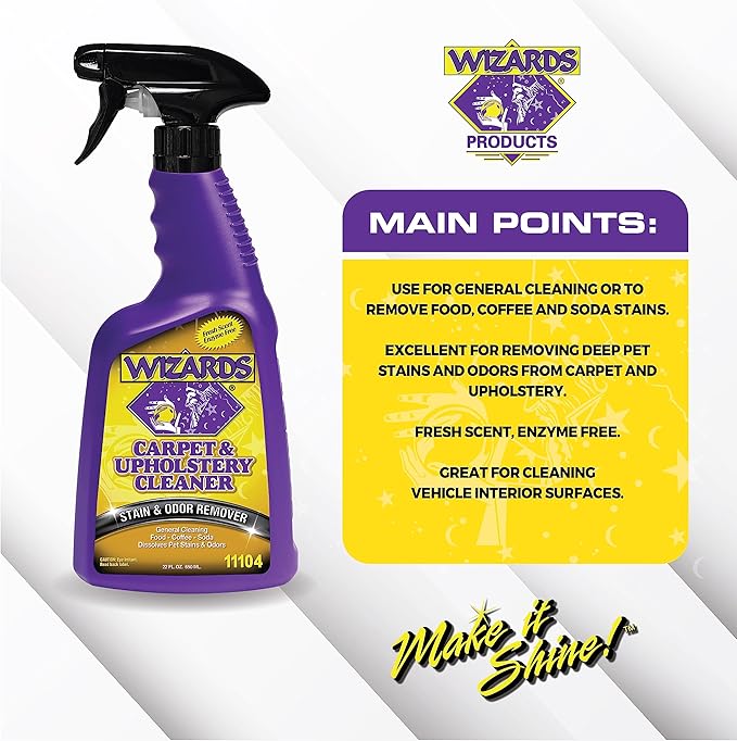 Wizards Carpet and Upholstery Cleaner - Fabric Cleaner Spray Solution for a Fresh & Clean Car - Pet Stain & Smell Remover and Natural Carpet Cleaner - Made in USA - 22 oz