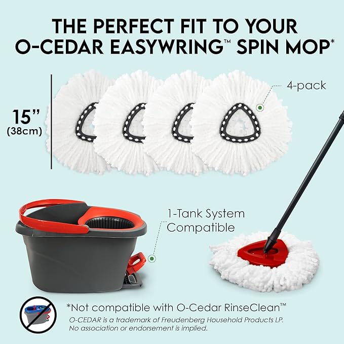 Turbo Mops Mop Refills - Pack of 4 Compatible with Ocedar Mop Refill Heads for Easy Wring Tank - Polyester Spin Mop Heads for Cleaning, White