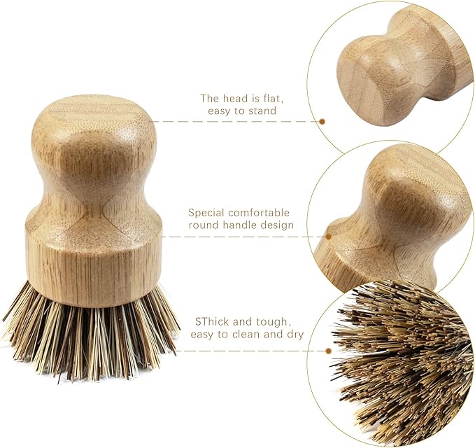 AUEAR, Natural Bamboo Dish Scrub Brush Cleaning Pot Scrubber Brushes Coconut Bristles for Cast Iron Skillet Pots Pans (2-Pack, Deep Color)