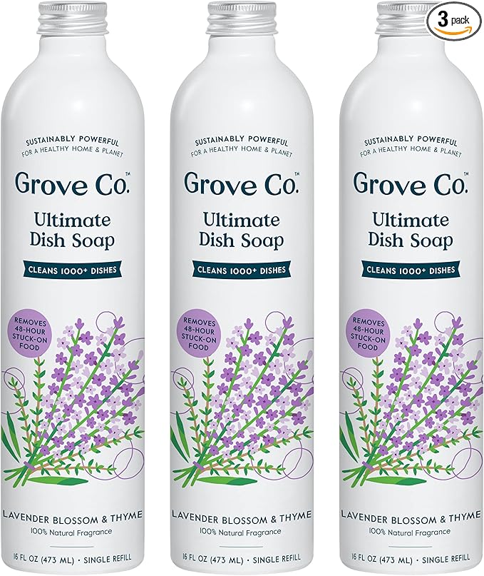 Grove Co. Ultimate Dish Soap Refills (3 x 16 Fl Oz) Removes 48-hr Stuck-on Food and Grease, Plastic Free Cleaning Products, 100% Natural Lavender Blossom & Thyme Fragrance