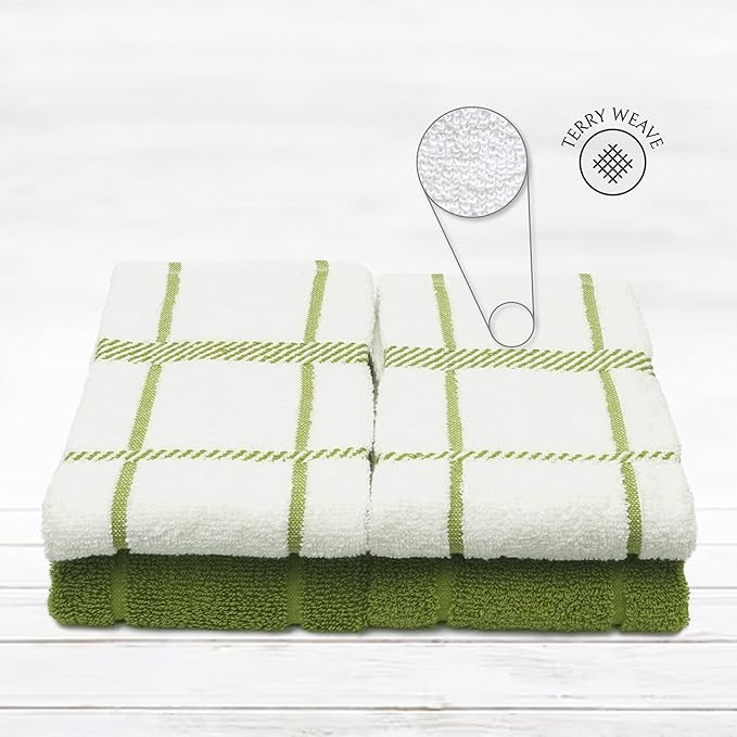 100% Cotton Terry Dish Towels, 4 pack16 x26 Inches, Super Soft and Absorbent Kitchen Towels, Perfect for Kitchen Cleaning and Dish Washing | Green