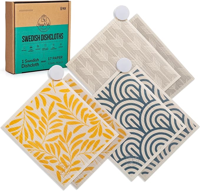 Harps&Seb Swedish Dishcloths for Kitchen Dish Towels - 6 Pack, Reusable Paper Towels with Clips, Super Absorbent Washable Non-Scratch Swedish Dish Towels, No Odor, Biodegradable