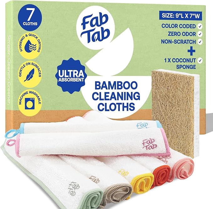 FABTAB High-Performance Bamboo Cleaning Cloths - 7 Pack Reusable & Super Absorbent Towels for Household, Kitchen, and Auto Care | Ideal for Dusting and Vehicle Detailing (Embroidered)