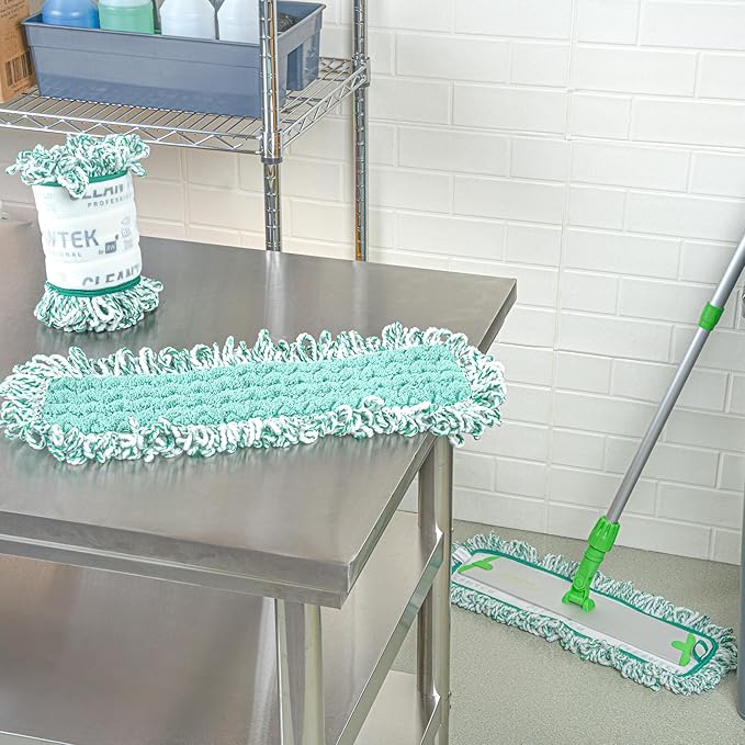 Restaurantware-Clean Tek Professional Dry Sweeping Mop Pad, 1 Dust Pad with Fringe - Mop Frame and Handle Sold Separately, Hook & Loop System, Green Microfiber Reusable Mop Pad, Zig Zag Pattern