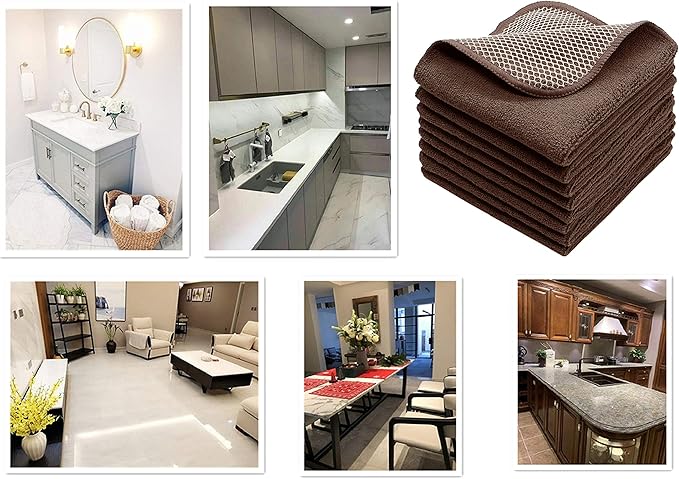 Microfiber Dish Cloths Fast Drying Kitchen Cleaning Cloth Dish Rags Dust Cloths Ultra Absorbent Lint Free Washcloths with Poly Scrub Side 12inch x 12inch 8 Pack (Brown)