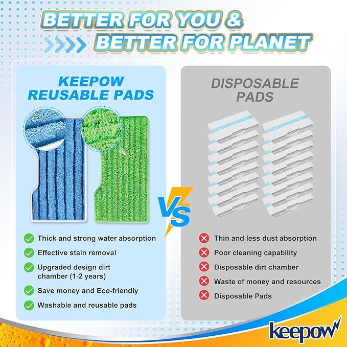 KEEPOW Reusable Replacement Pads Compatible with Shark Vac Mop VM252 VM200 VC205 VM250 /QM250 VM190 VM200P12, Washable Vacuum Mop Pad Refills, Upgraded Design of Dirt Chamber (1+2+2+2 Pads)