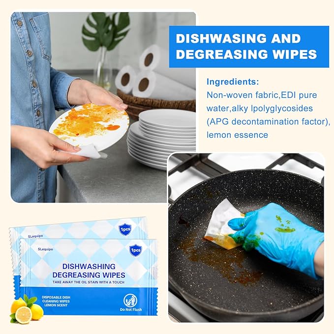 100 Pcs Dish Cleaning Wipes Individually Wrapped - Portable Travel Dish Soap Wipes, Lemon Scent