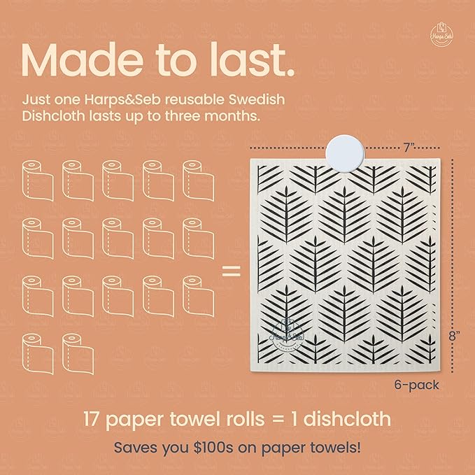 Harps&Seb Swedish Dishcloths for Kitchen - 6 Pack, Reusable Paper Towels with Clips, Super Absorbent Washable Non-Scratch Swedish Dish Towels, No Odor, Biodegradable