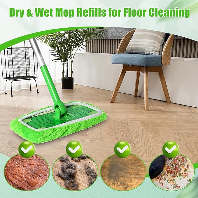 6 Pack Reusable Microfiber Mop Pads for Swiffer Sweeper Mop (10-12in), Washable Mop Replacement Pads for Wet and Dry Mop, Flat Dust Mop Refills for Hardwood Floor Cleaning