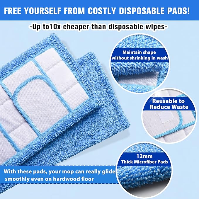 2 Pack Reusable Microfiber Mop Pads Compatible for Swiffer Sweeper & All 10-12 Inch Flat Mop, Upgraded Wet Dry Cleaning Pads for All Hard-Floor, Washable Sweeper Refills