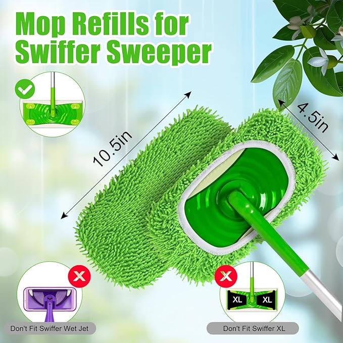 6 Pack Reusable Microfiber Mop Pads for Swiffer Sweeper Mop (10-12in), Washable Mop Replacement Pads for Wet and Dry Mop, Flat Dust Mop Refills for Hardwood Floor Cleaning