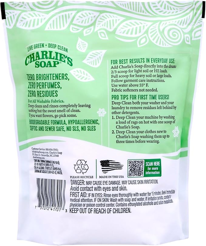 Charlie's Soap Laundry Powder (100 Loads, 2 Pack) Hypoallergenic Deep Cleaning Washing Detergent – Eco-Friendly, Safe, and Effective