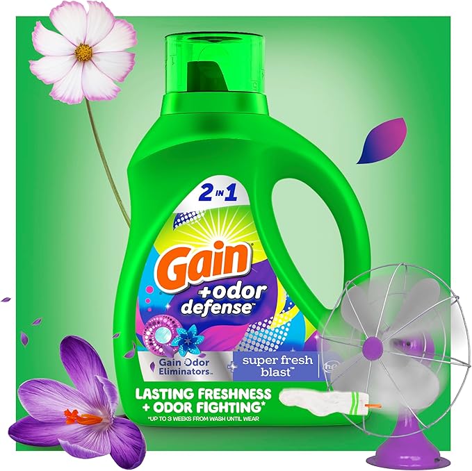 Gain + Odor Defense Liquid Laundry Detergent Super Fresh Blast Scent, HE Compatible, 107 Loads 154 fl oz, Gain Laundry Detergent, Liquid Laundry Detergent