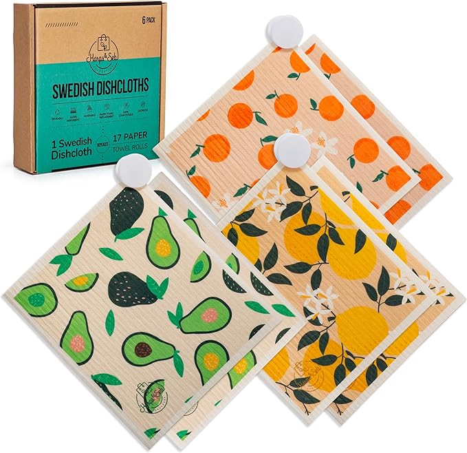 Harps&Seb Swedish Dishcloths for Kitchen Dish Towels - 6 Pack, Reusable Paper Towels with Clips, Super Absorbent Washable Non-Scratch Swedish Dish Towels, No Odor, Biodegradable