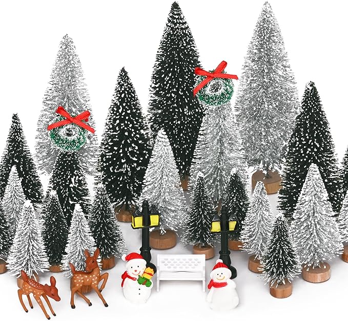 Waipfaru Christmas Village Accessories, 30 Pcs Christmas Village Display Platforms with Snowman, Mini Bottle Brush Christmas Trees, Miniature Small Pine Trees for Xmas Table Winter Decor