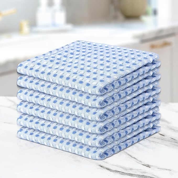 100% Cotton Dish Cloths (Pack of 6) - Dish Rags for Washing Dishes - Reusable & Highly Absorbent Kitchen Towels - Multipurpose Kitchen Rags - (12" x 12" - Blue Honeycomb)