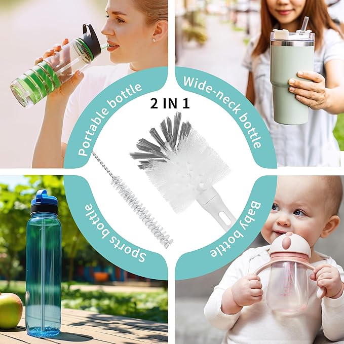 2 in 1 Long Handle Bottle Brush with Straw Brush for Cleaning Glass, Sports Bottle, Coffee Mug,1 Pack