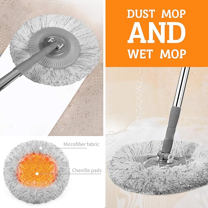 Dust Mop, Wall Cleaner Mop, with Hight Adjustable Handle and 1 Washable Mops Pad, Wet & Dry Floor Cleaning Mop for Hardwood, Tiles, Laminate, Vinyl (Grey mop with 3 pads)