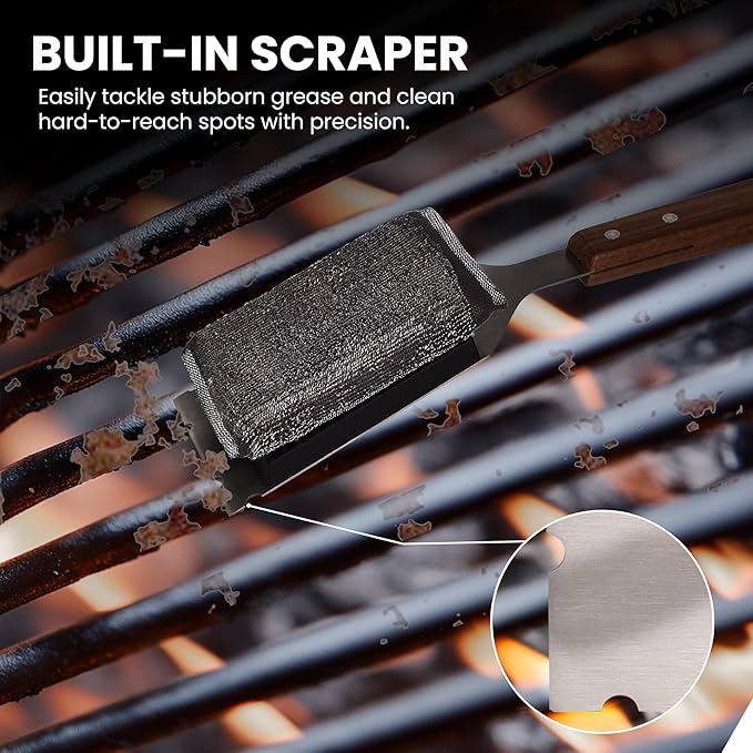 Grill Scrubber and Scraper for Barbecue with Replaceable Scrubber Head – Grill Cleaner for Outdoor Grill with Extended 16” Large Wooden Handle -No Scratch on Grill by Dhampooh