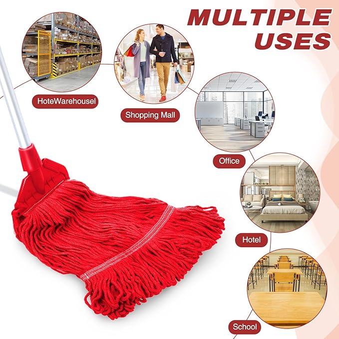 Roshtia 16 Pack Commercial Mop Head Replacements Looped End Wet Heavy Duty Mop Heads Cotton String Mops Industrial Cleaning Refills for Commercial Industrial Home(Red)