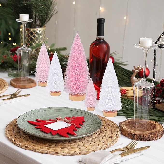 Leyndo 9 Pcs Pink Color Mini Sisal Bottle Brush Trees Small Artificial Christmas Tree with Wood Base Christmas Pine Decor for Home Table Holiday Party Decor
