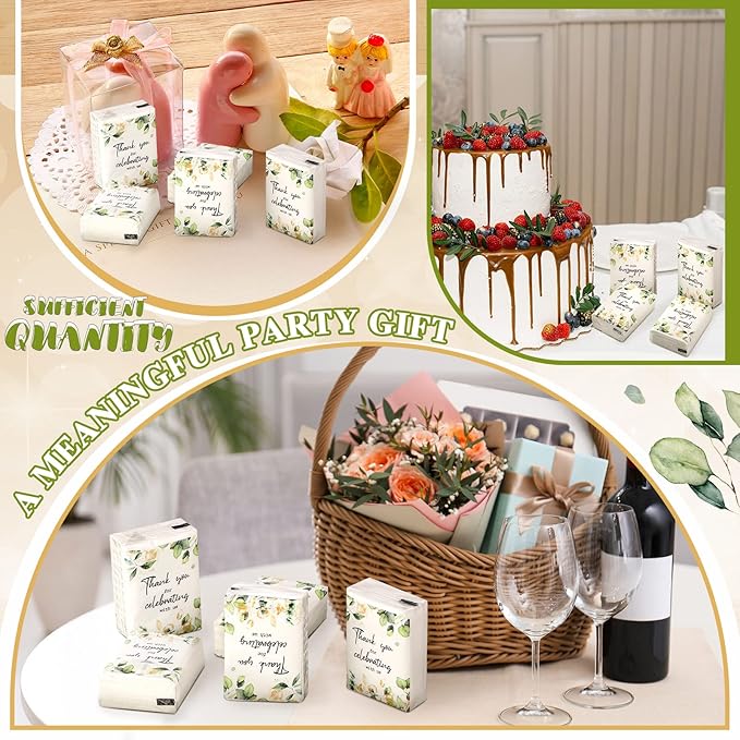 100 Pcs Wedding Facial Tissues Welcome Bags Mini Pocket Tissues Travel Size Wedding Favors for Guests 3 Ply Thank You for Celebrating with Us Celebration Graduation (Eucalyptus)