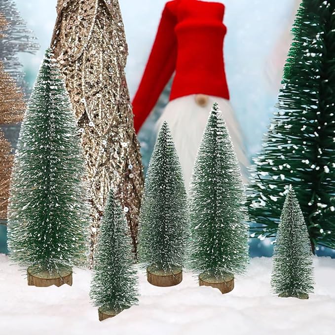 5PCS Small Christmas Trees, Bottle Brush Christmas Trees Mini Sisal Snow Frost Trees Pine Trees with Wood Base Tabletop Mini Christmas Village Tree for Holiday Decorations